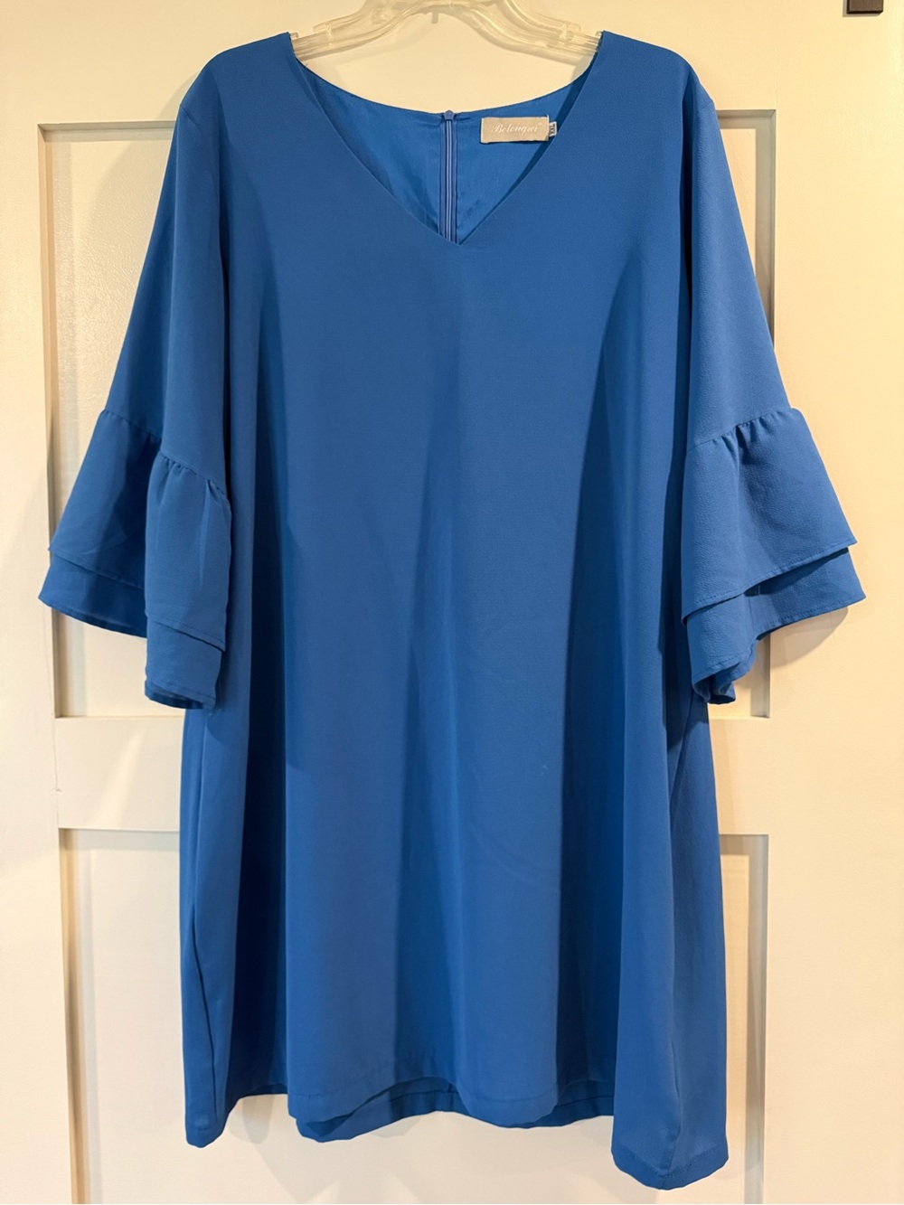 Blue V-Neck Ruffle Sleeve Women's dress